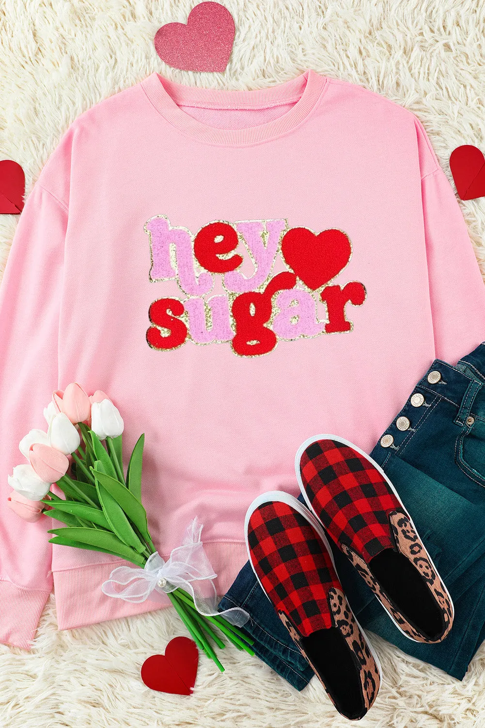 Pink Chenille Heart hey sugar Patched Pattern Valentines Pullover Sweatshirt