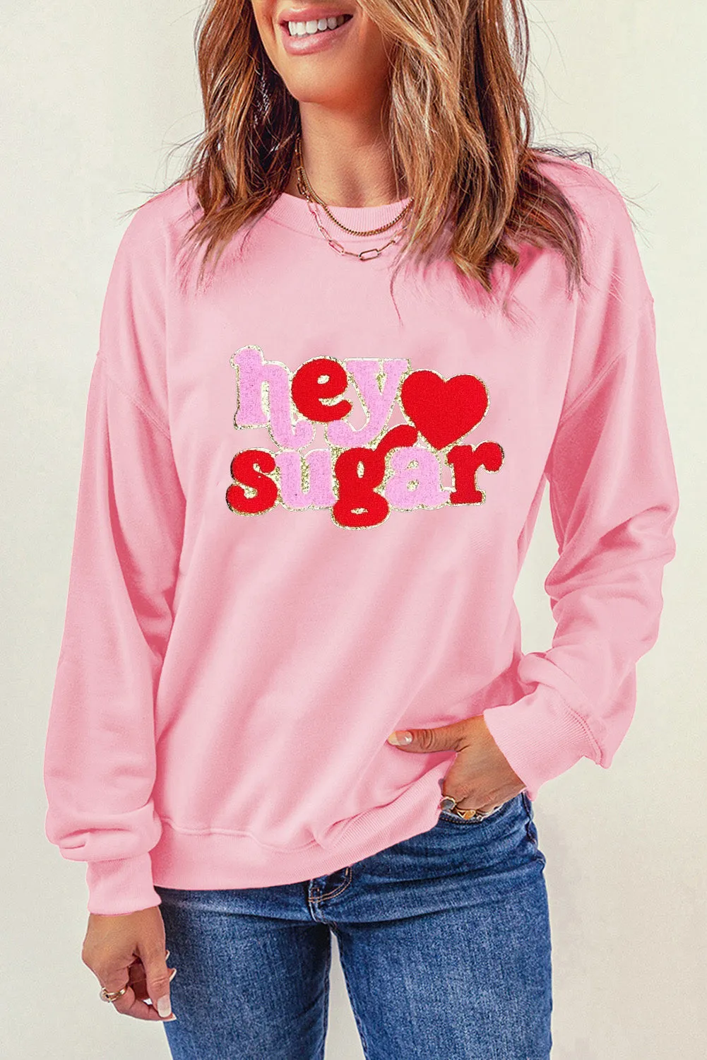 Pink Chenille Heart hey sugar Patched Pattern Valentines Pullover Sweatshirt
