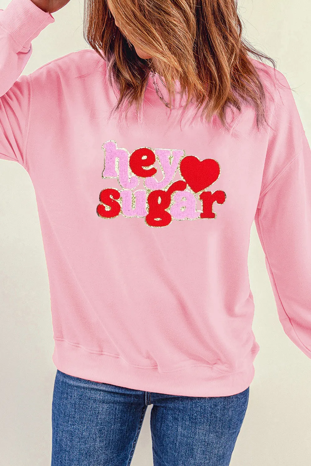 Pink Chenille Heart hey sugar Patched Pattern Valentines Pullover Sweatshirt