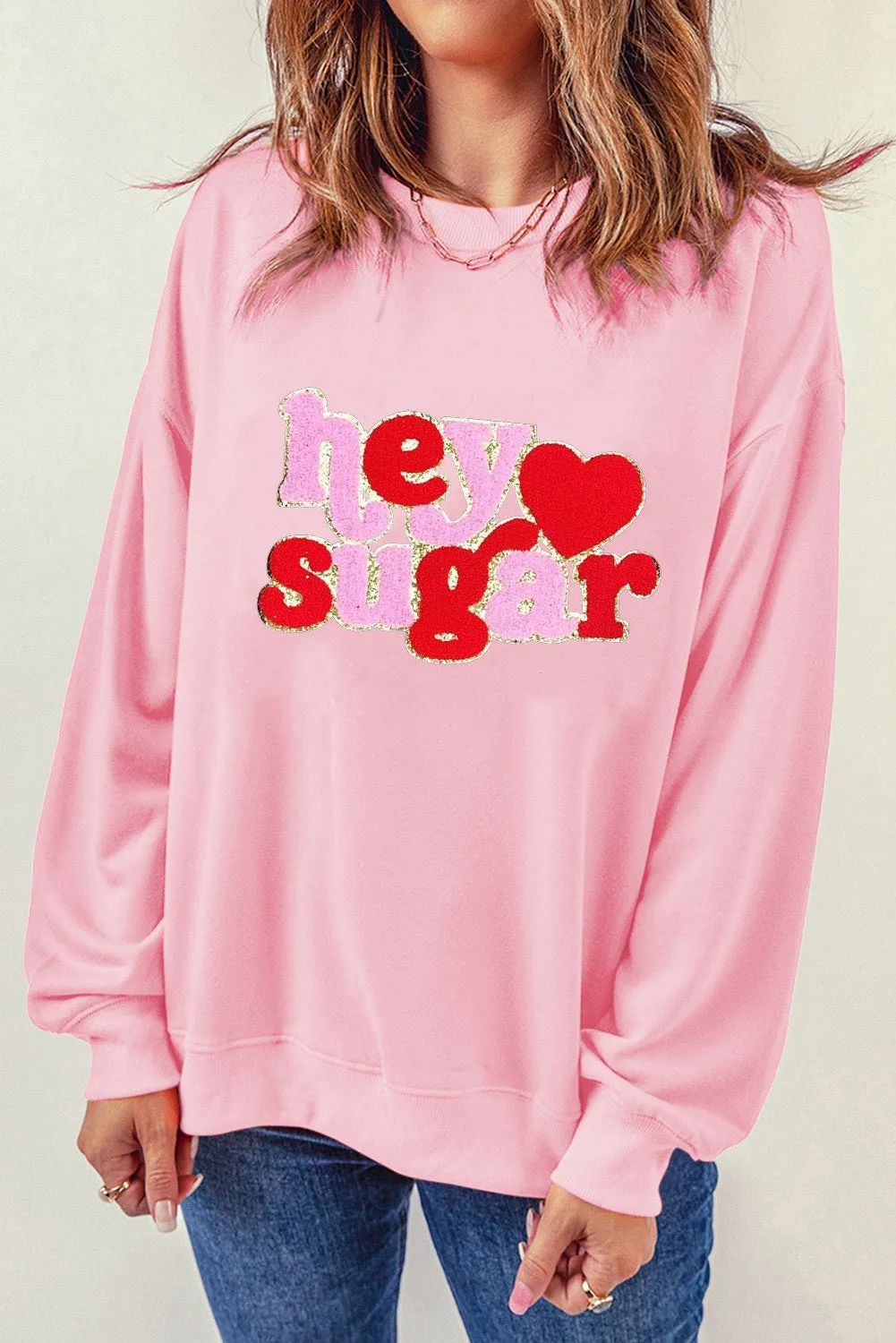 Pink Chenille Heart hey sugar Patched Pattern Valentines Pullover Sweatshirt