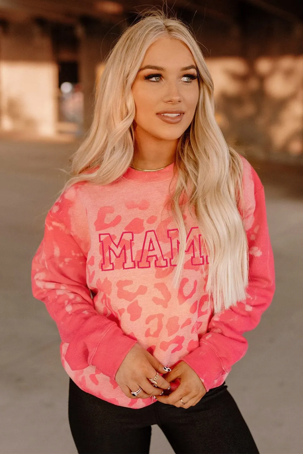 Pink MAMA Leopard Print Crew Neck Pullover Sweatshirt