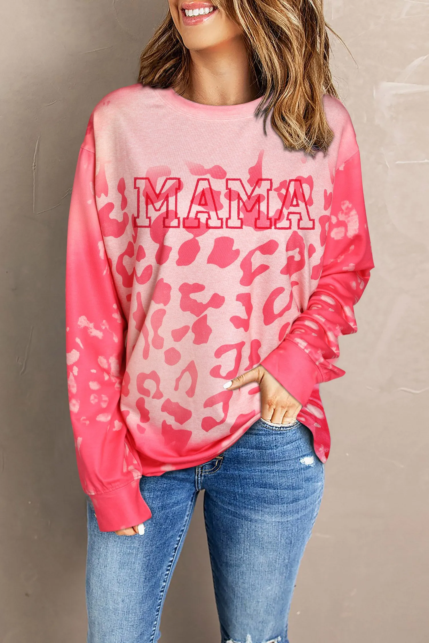 Pink MAMA Leopard Print Crew Neck Pullover Sweatshirt