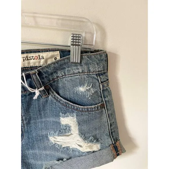 Pistola Distressed Mid Rise Raw Hem 2&quot; Short Denim Shorts Blue Size 28 Small NEW