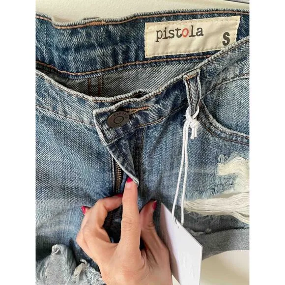Pistola Distressed Mid Rise Raw Hem 2&quot; Short Denim Shorts Blue Size 28 Small NEW