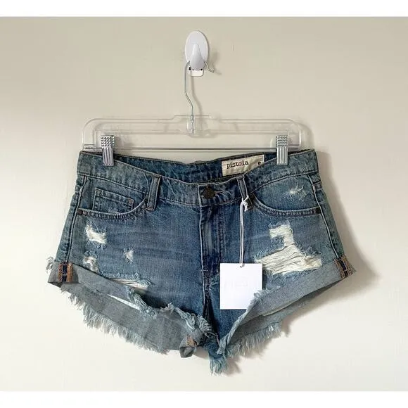 Pistola Distressed Mid Rise Raw Hem 2&quot; Short Denim Shorts Blue Size 28 Small NEW