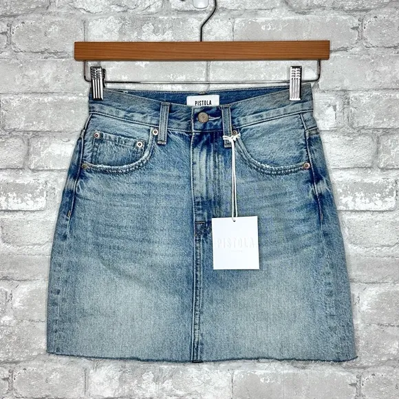 Pistola Skye Denim Mini Skirt Size 24 Raw Hem Brooklyn Wash Cotton NWT