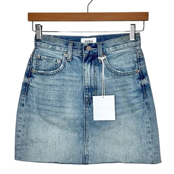 Pistola Skye Denim Mini Skirt Size 24 Raw Hem Brooklyn Wash Cotton NWT