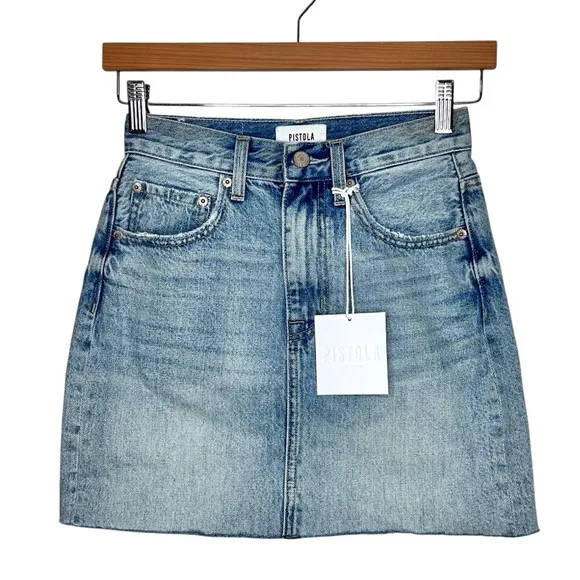 Pistola Skye Denim Mini Skirt Size 24 Raw Hem Brooklyn Wash Cotton NWT
