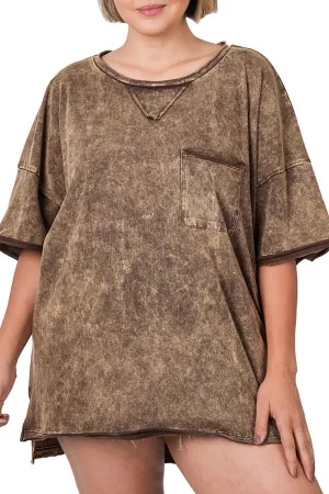 Plus Size Day To Day Rust Brown Acid Wash Top