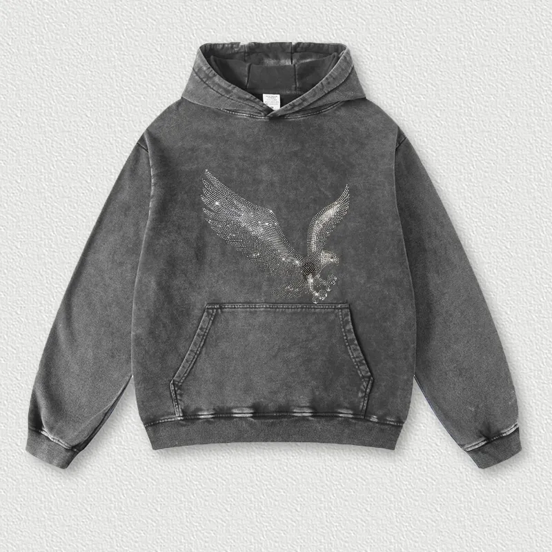 Power Eagle Vintage Graphic Street Acid Washed Pullover Hoodie