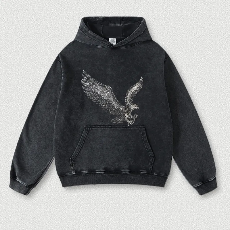 Power Eagle Vintage Graphic Street Acid Washed Pullover Hoodie