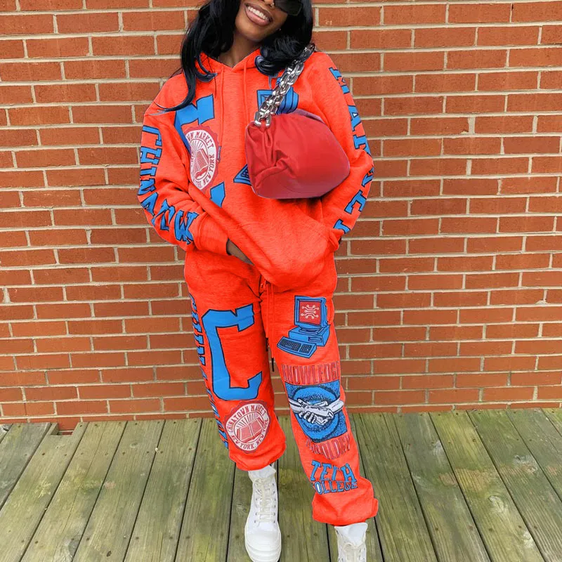 Print Long Sleeve Hooded Top & Pants Set