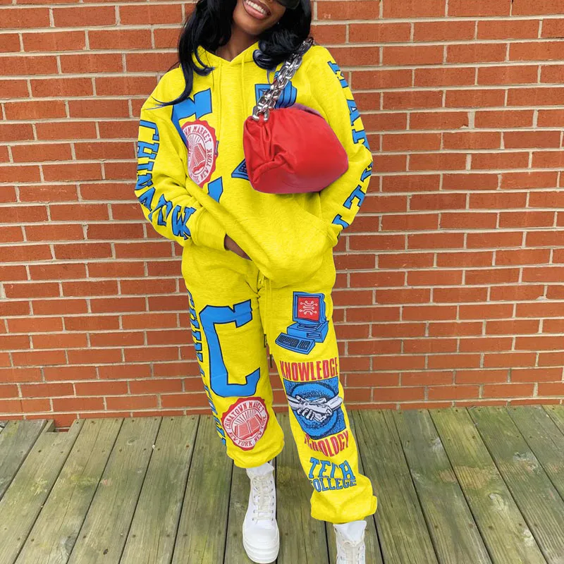 Print Long Sleeve Hooded Top & Pants Set