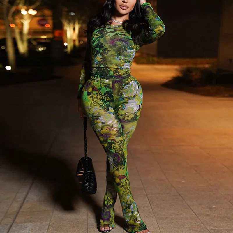 Print Sheer Mesh 2PCS Pants Set