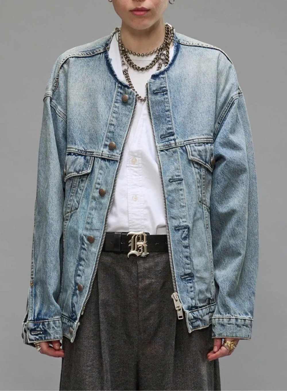 R13 | Collarless Zip-Up Trucker Jacket