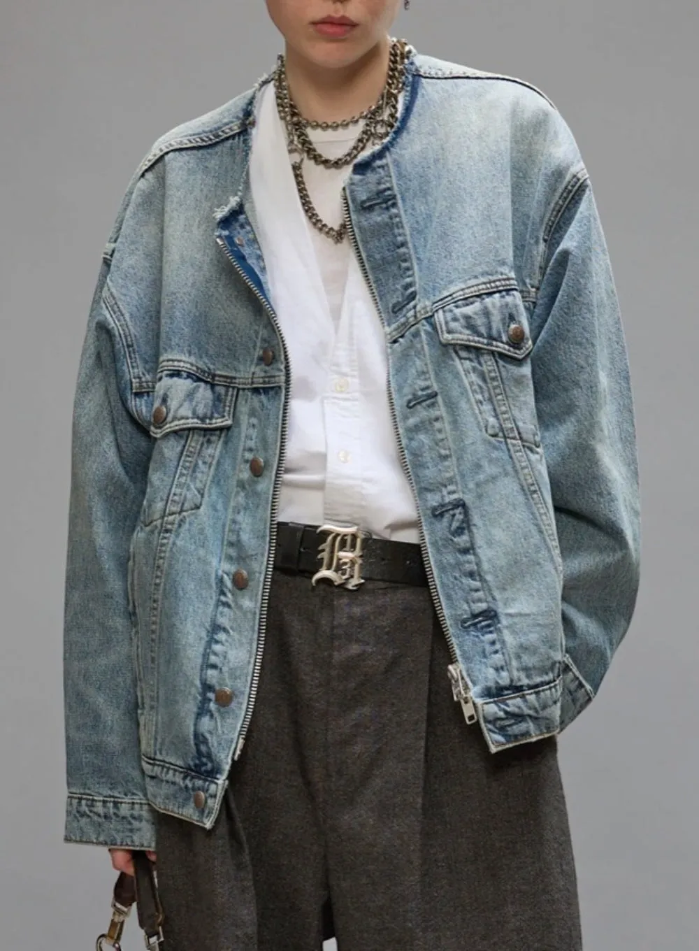 R13 | Collarless Zip-Up Trucker Jacket