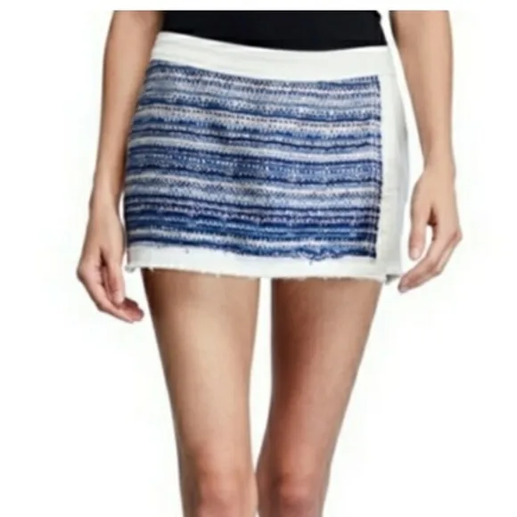 Ramy Brook Tweed Panel white denim mini skort skirt  raw hem sz 8
