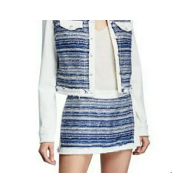 Ramy Brook Tweed Panel white denim mini skort skirt  raw hem sz 8