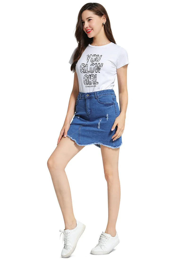 raw hem distressed denim skirt