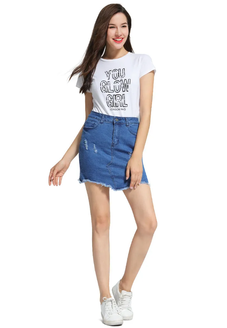 raw hem distressed denim skirt