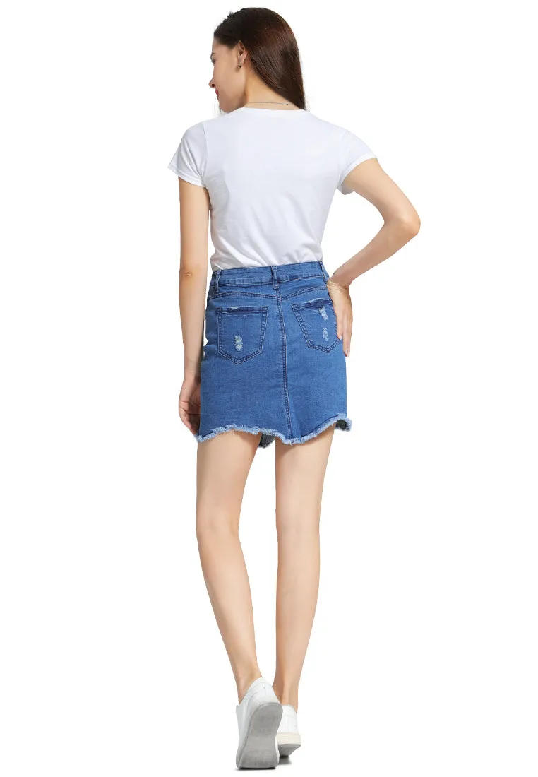 raw hem distressed denim skirt