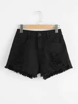 Raw Hem Ripped Denim Shorts