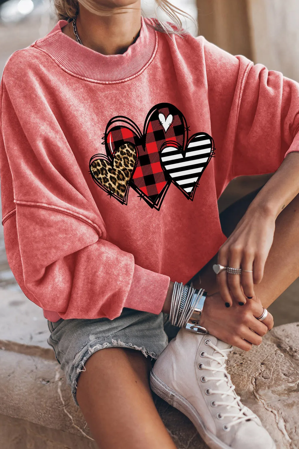 Red Valentine Heart Shape Graphic Drop Shoulder Sweatshirt