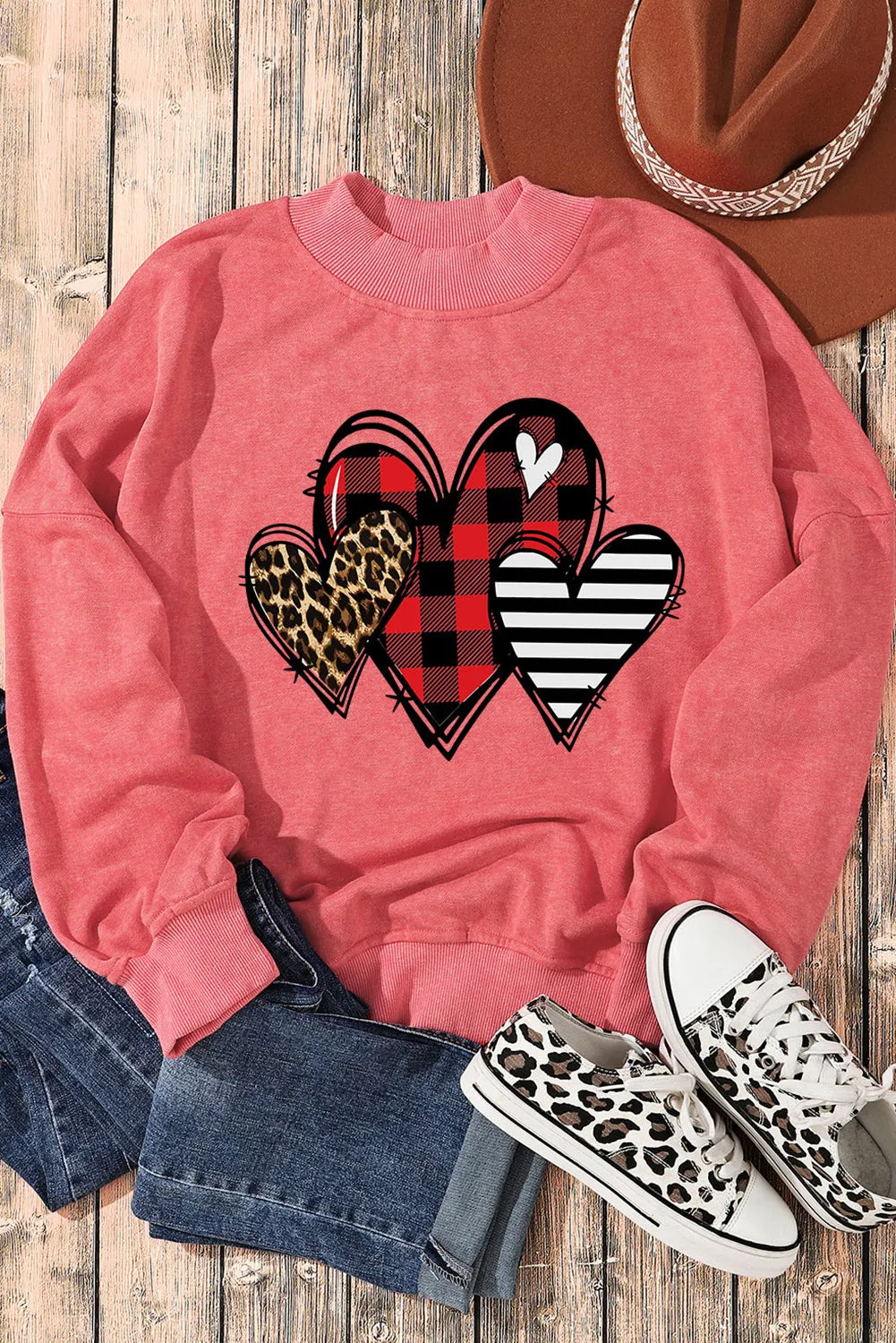 Red Valentine Heart Shape Graphic Drop Shoulder Sweatshirt