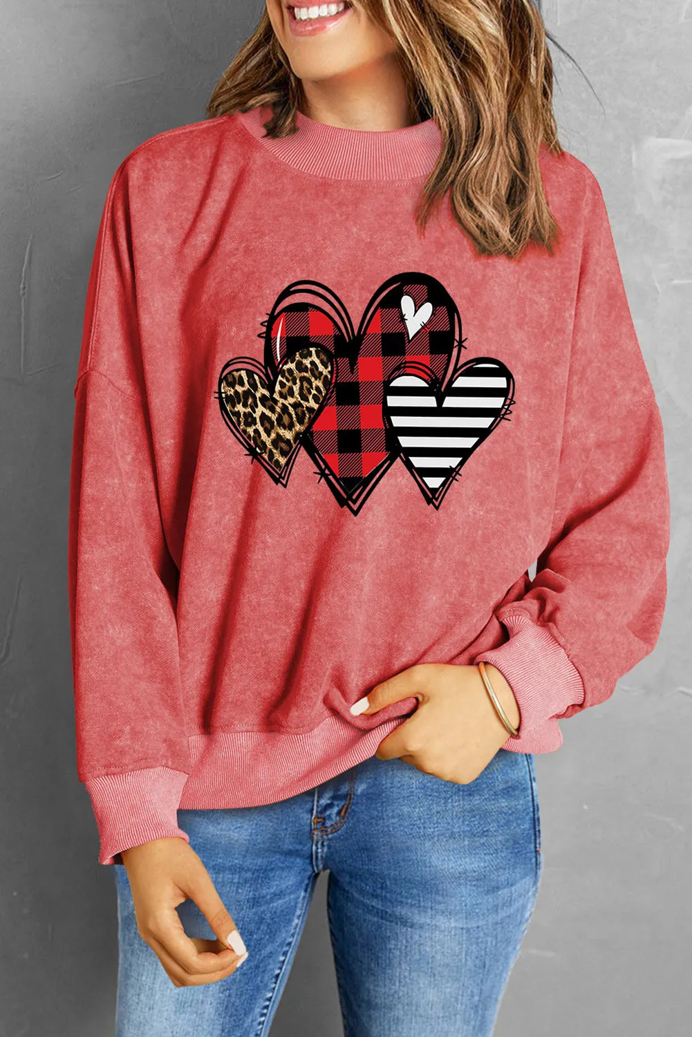 Red Valentine Heart Shape Graphic Drop Shoulder Sweatshirt