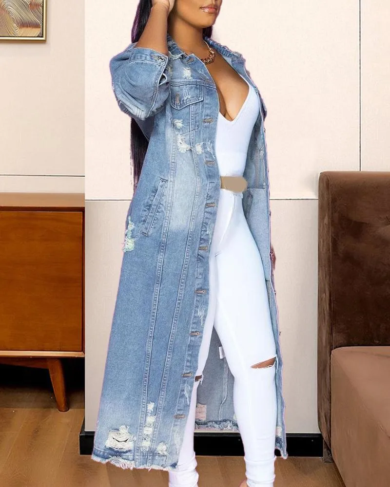 Ripped Raw Hem Button Front Longline Denim Coat