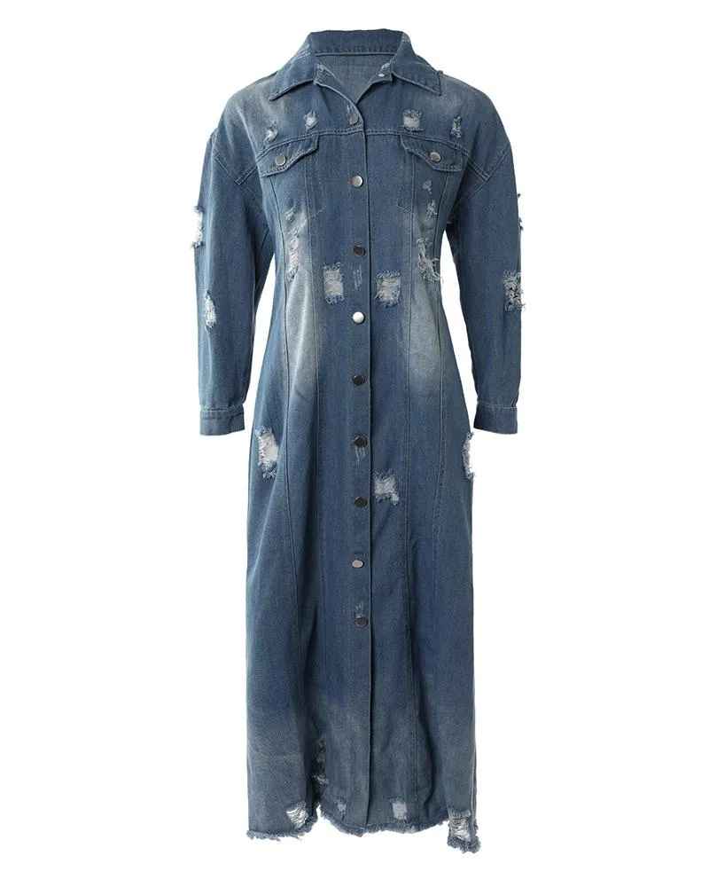 Ripped Raw Hem Button Front Longline Denim Coat