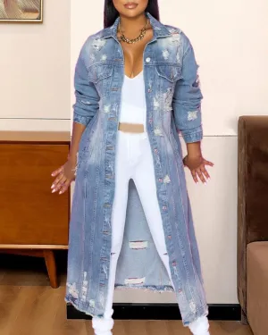 Ripped Raw Hem Button Front Longline Denim Coat