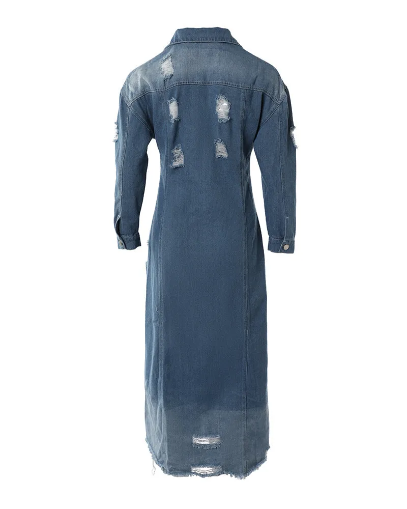 Ripped Raw Hem Button Front Longline Denim Coat