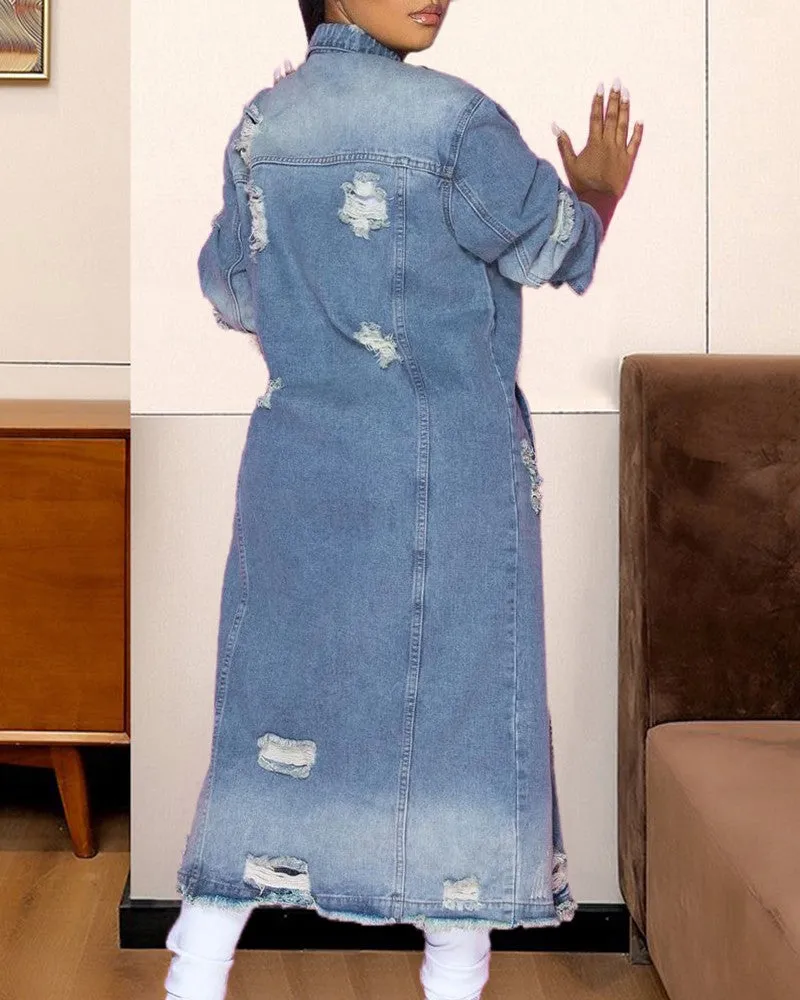 Ripped Raw Hem Button Front Longline Denim Coat