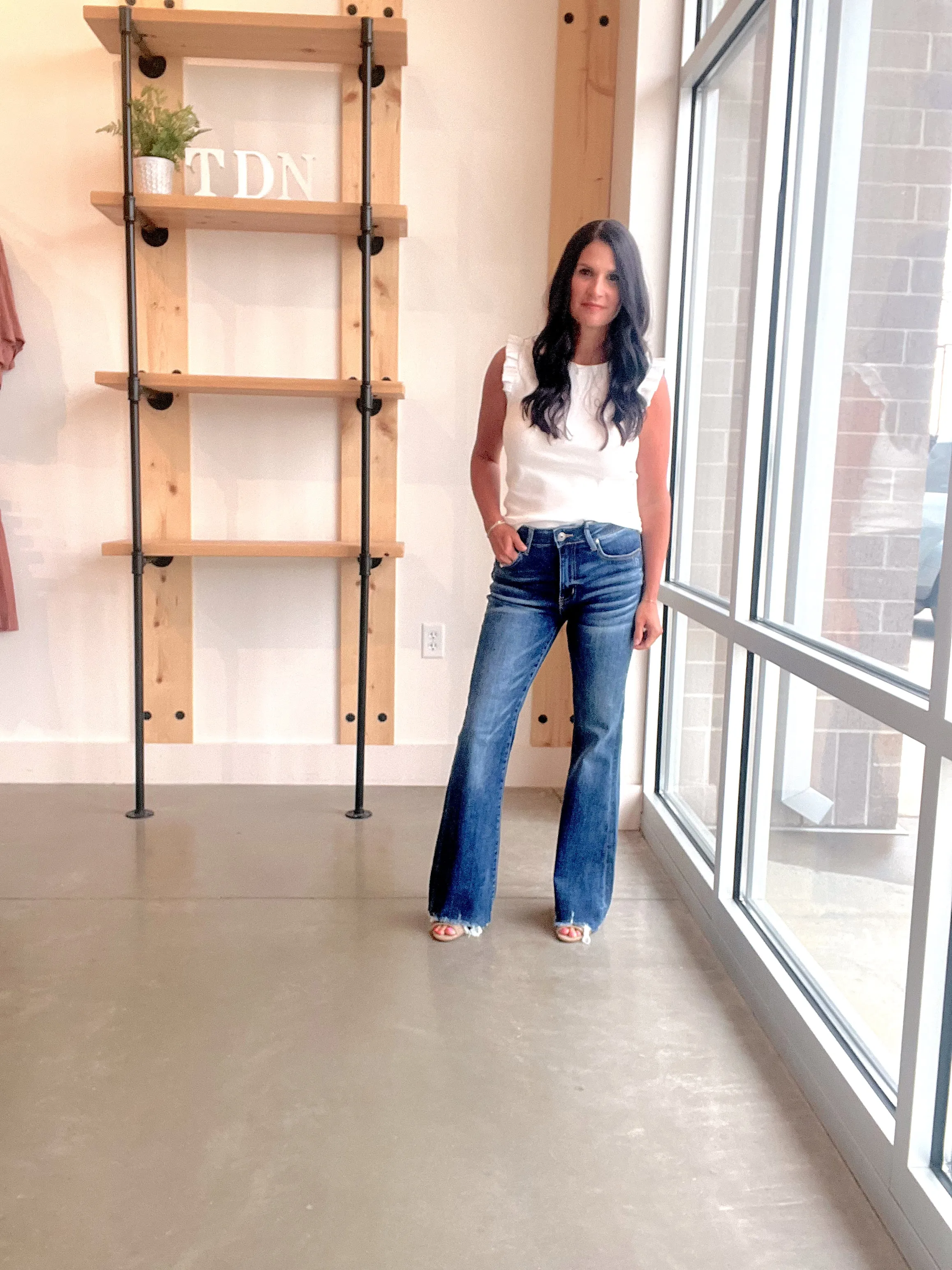 Risen Mid Rise Raw Hem Flare Denim