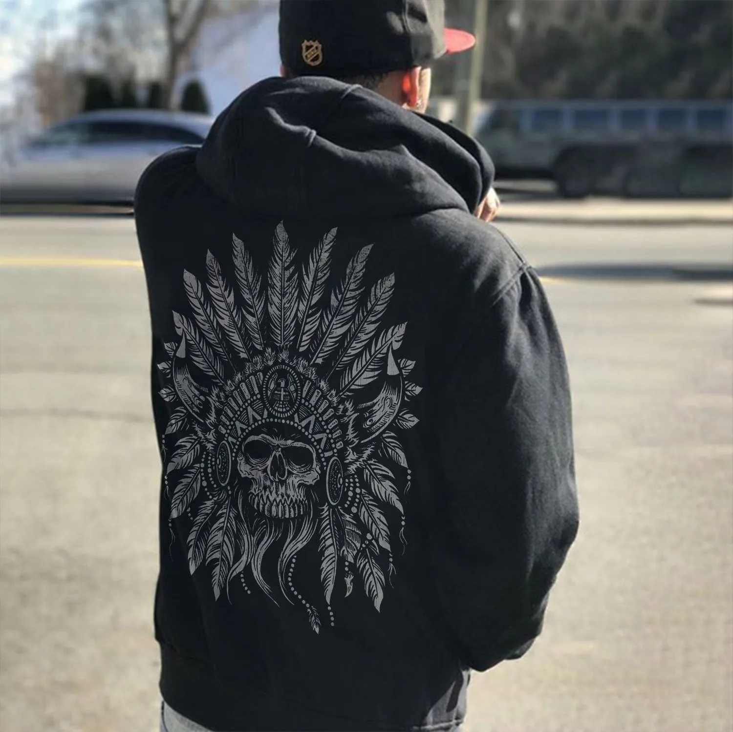 Skull with Feathered Wings Vintage Style Graphic Black Print Hoodie