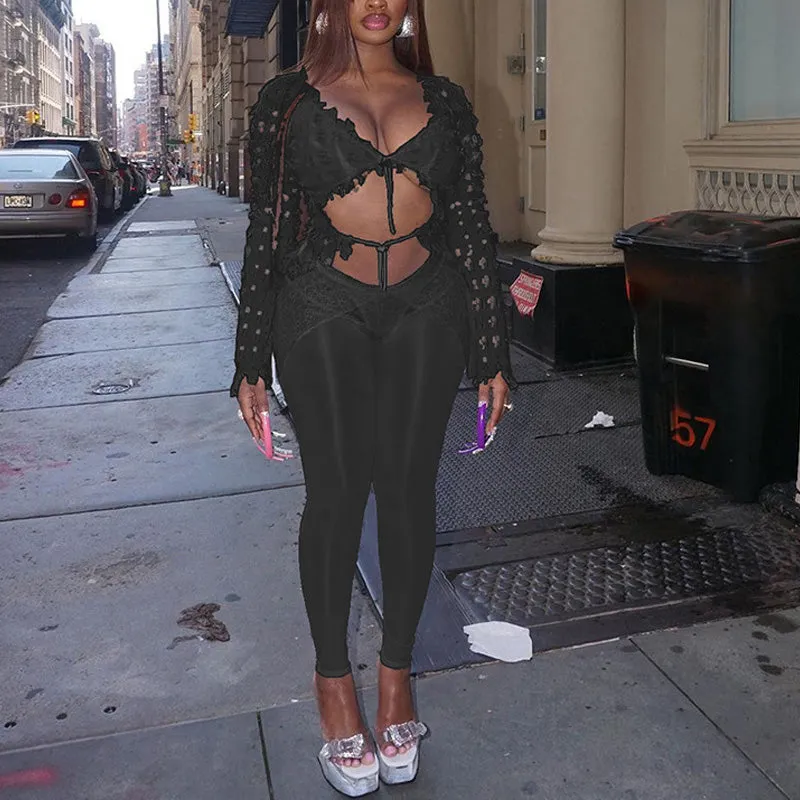 Solid Long Sleeve Crop Top & Sheer Mesh Pants Set