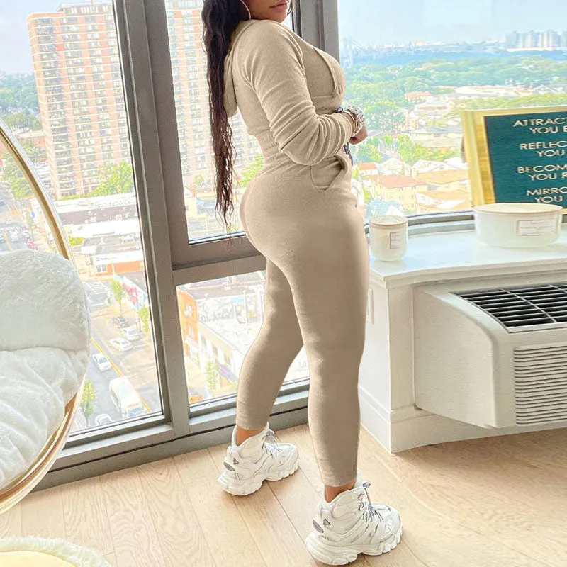 Solid Long Sleeve Sport Hoodie Top & Pants Set