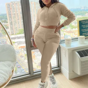 Solid Long Sleeve Sport Hoodie Top & Pants Set