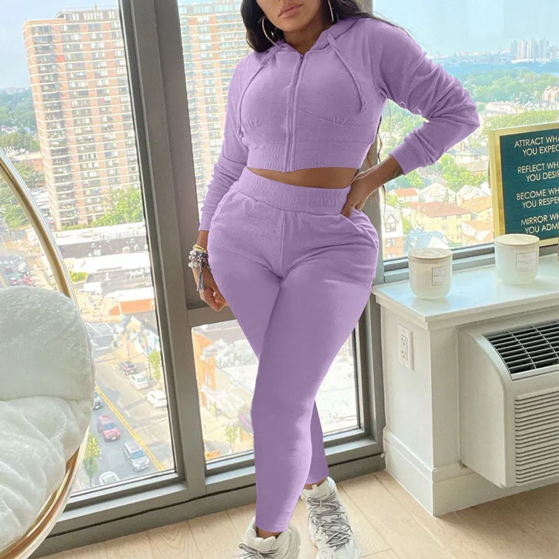 Solid Long Sleeve Sport Hoodie Top & Pants Set
