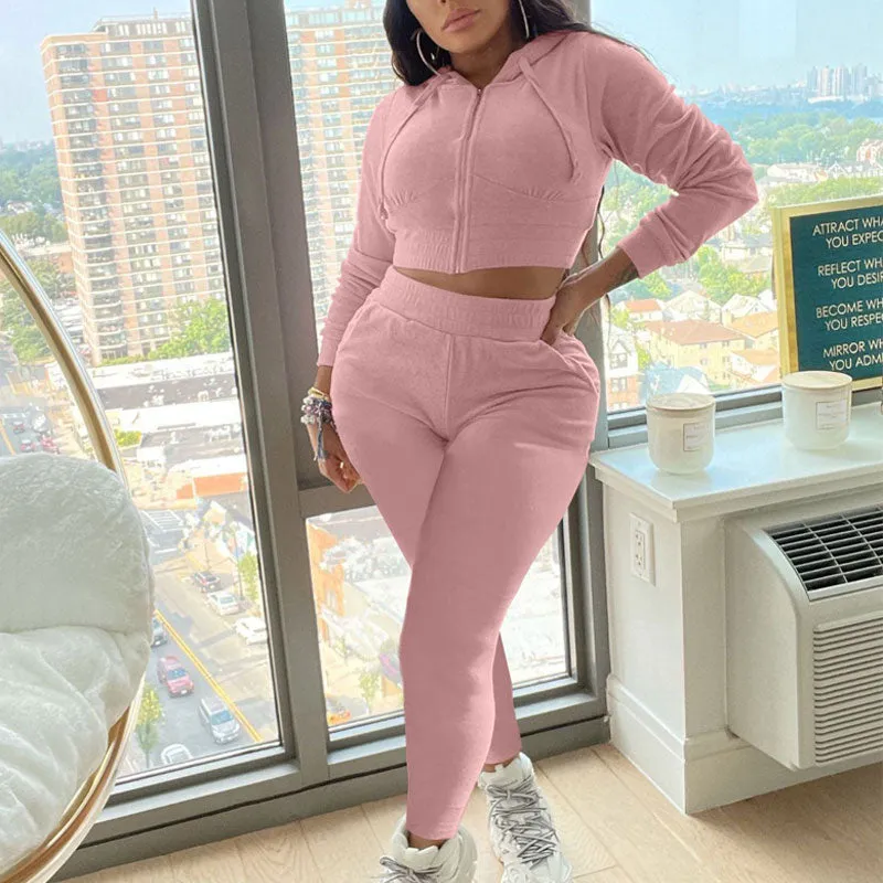 Solid Long Sleeve Sport Hoodie Top & Pants Set