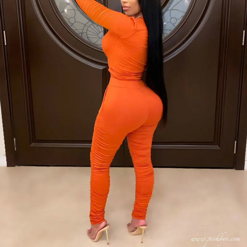Solid Round Neck Long Sleeve Top & Ruched Pants Set