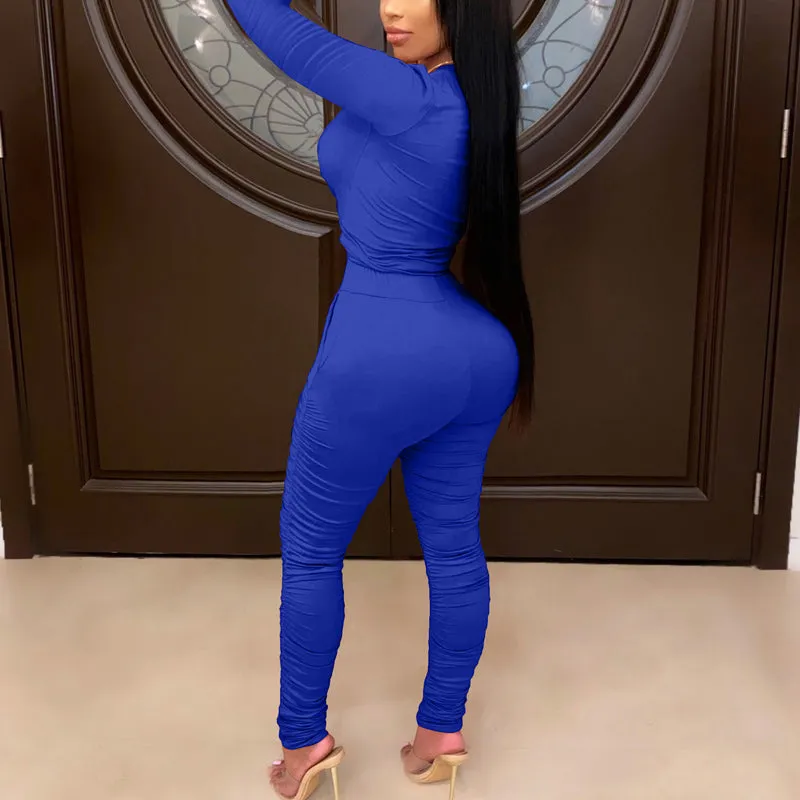 Solid Round Neck Long Sleeve Top & Ruched Pants Set