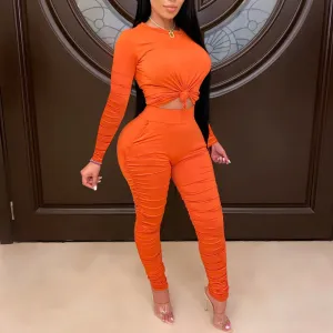 Solid Round Neck Long Sleeve Top & Ruched Pants Set
