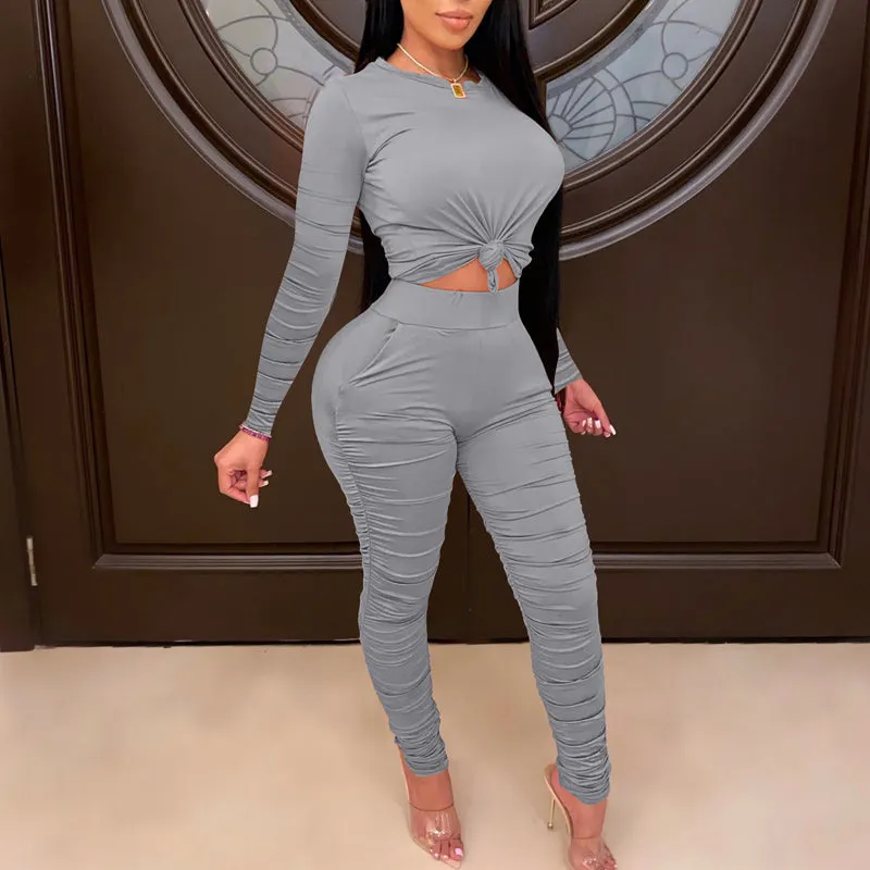 Solid Round Neck Long Sleeve Top & Ruched Pants Set