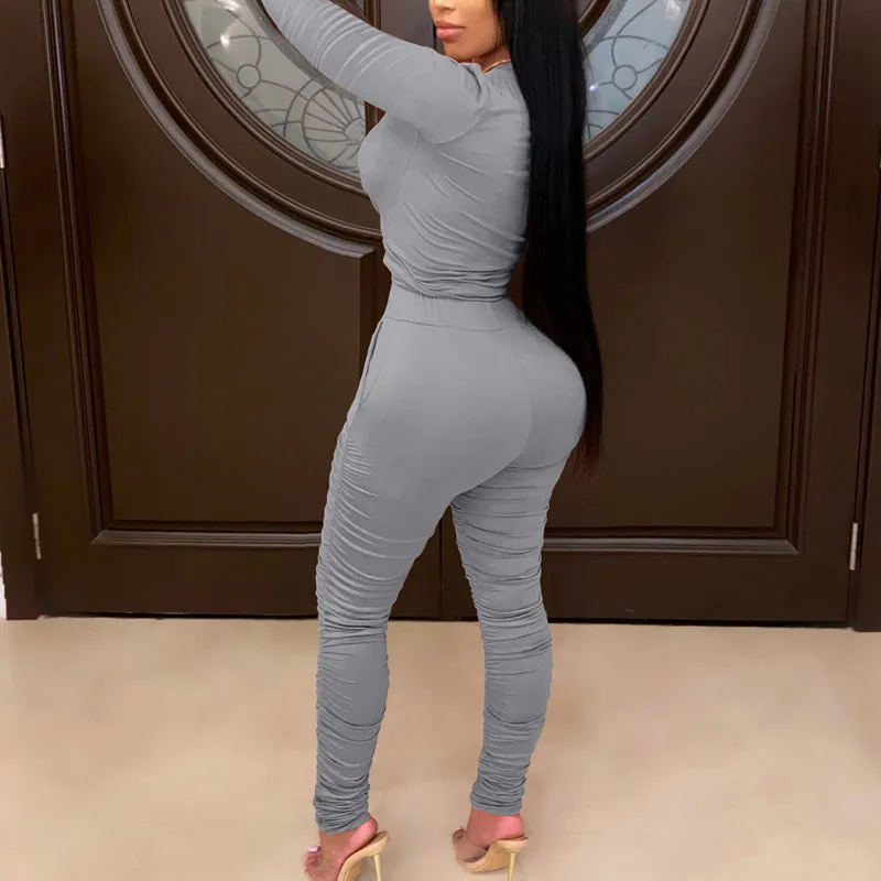 Solid Round Neck Long Sleeve Top & Ruched Pants Set