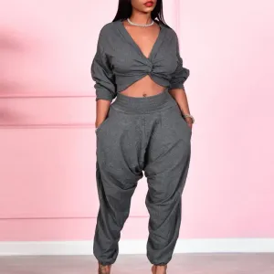 Solid Sexy Cross V-Neck Long Sleeve Top & Loose Pants Set