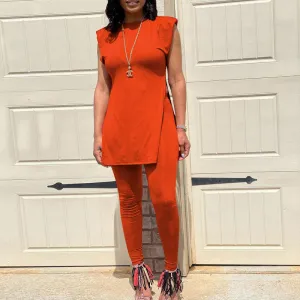 Solid Sleeveless Slit Top & Pants Set