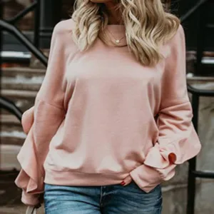 Solid Sweatshirt Round Neck Patchwork Long Sleeve Ruffle Pullover Sweatshirt Wholesale Womens Tops N3824091200003