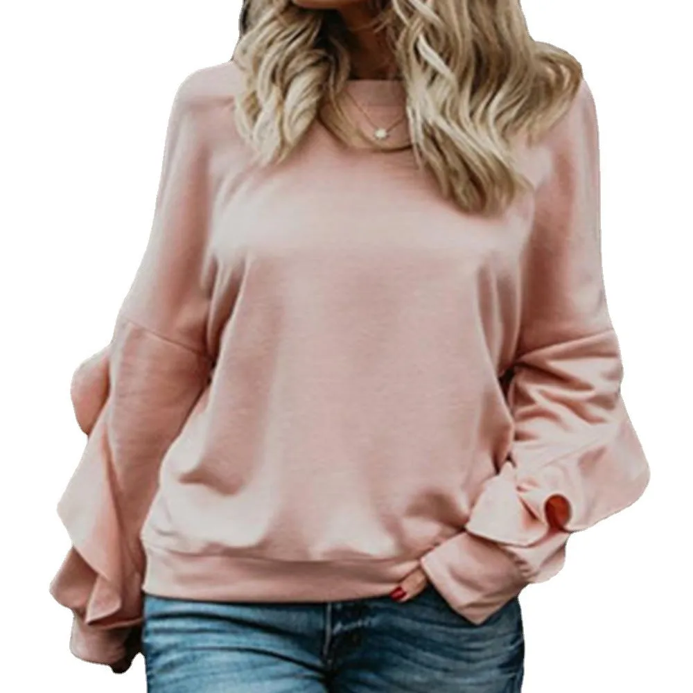 Solid Sweatshirt Round Neck Patchwork Long Sleeve Ruffle Pullover Sweatshirt Wholesale Womens Tops N3824091200003